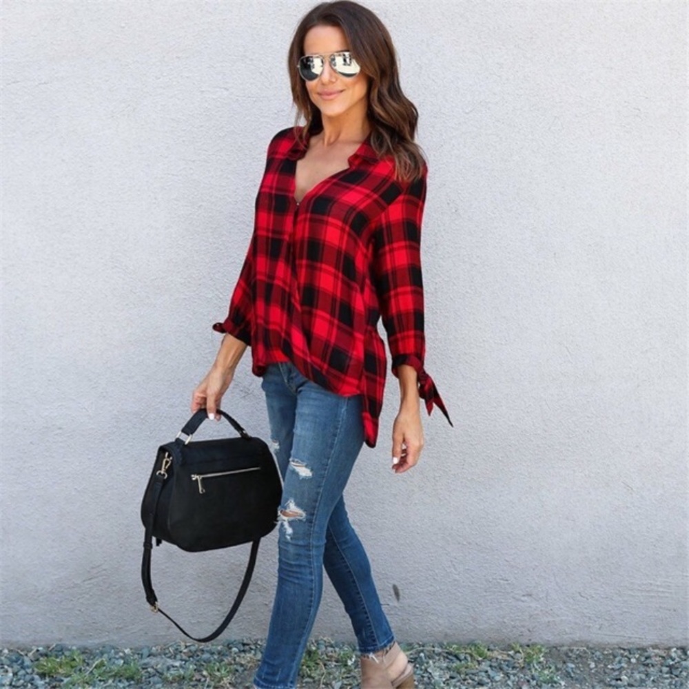 Surplice Deep V Tie Sleeve Plaid Flannel Blouse - Picture 2 of 5